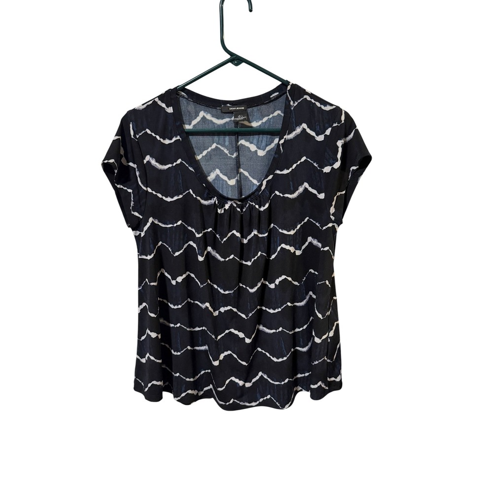 DKNY Jeans Size Large Navy Blue White Wavy Chevron Scoop Neck Top